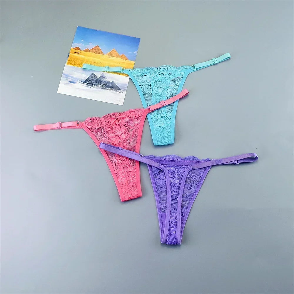 3PCS Einstellbare Sexy Transparent Tanga Höschen Frauen Spitze Unterwäsche Niedrige Taille Weibliche T-zurück String Unterhose